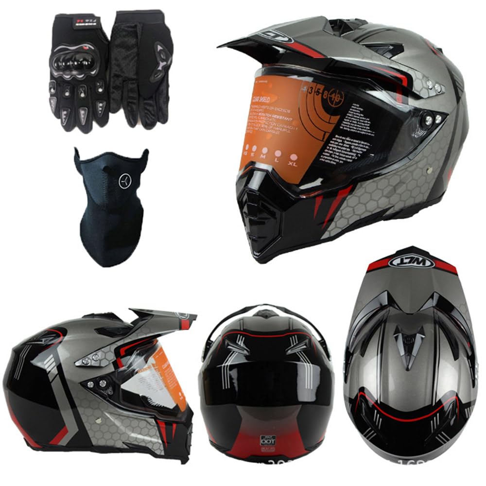 Motorradhelm Crosshelm Damen Herren Full Face Motocross Helm Dirt Bike Helm DOT/ECE-Zertifizierter Mit Visier Maske Handschuhe Downhill Helm Mopedhelm Schutzhelm Für Cruiser Chopper,Gray-XXL von PAESCOY