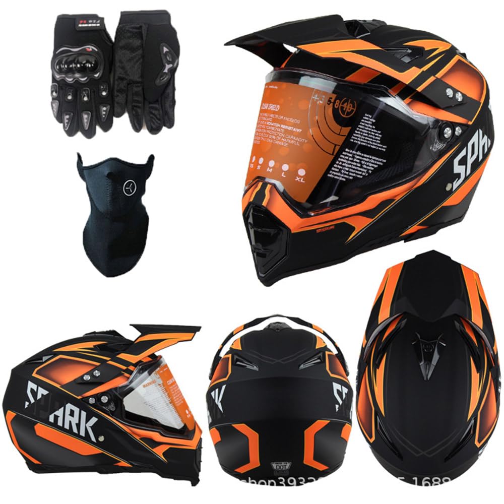 Motorradhelm Crosshelm Damen Herren Full Face Motocross Helm Dirt Bike Helm DOT/ECE-Zertifizierter Mit Visier Maske Handschuhe Downhill Helm Mopedhelm Schutzhelm Für Cruiser Chopper,Orange-M von PAESCOY