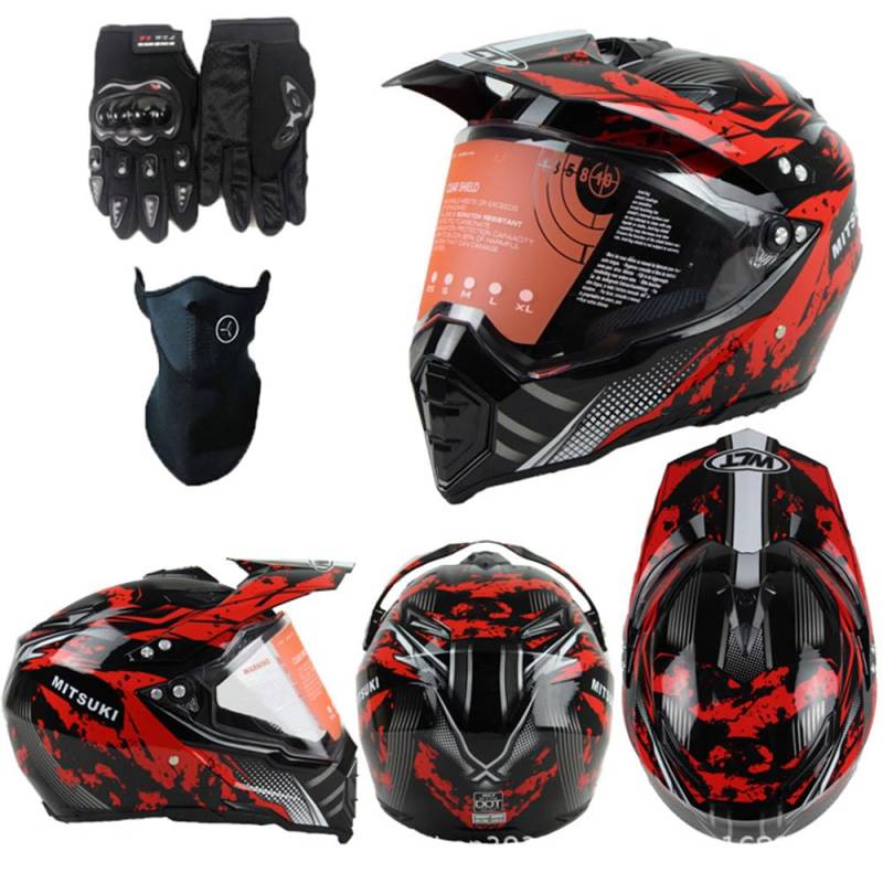 Motorradhelm Crosshelm Damen Herren Full Face Motocross Helm Dirt Bike Helm DOT/ECE-Zertifizierter Mit Visier Maske Handschuhe Downhill Helm Mopedhelm Schutzhelm Für Cruiser Chopper,Red/B-L von PAESCOY