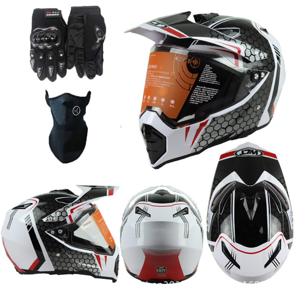 Motorradhelm Crosshelm Damen Herren Full Face Motocross Helm Dirt Bike Helm DOT/ECE-Zertifizierter Mit Visier Maske Handschuhe Downhill Helm Mopedhelm Schutzhelm Für Cruiser Chopper,White-L von PAESCOY