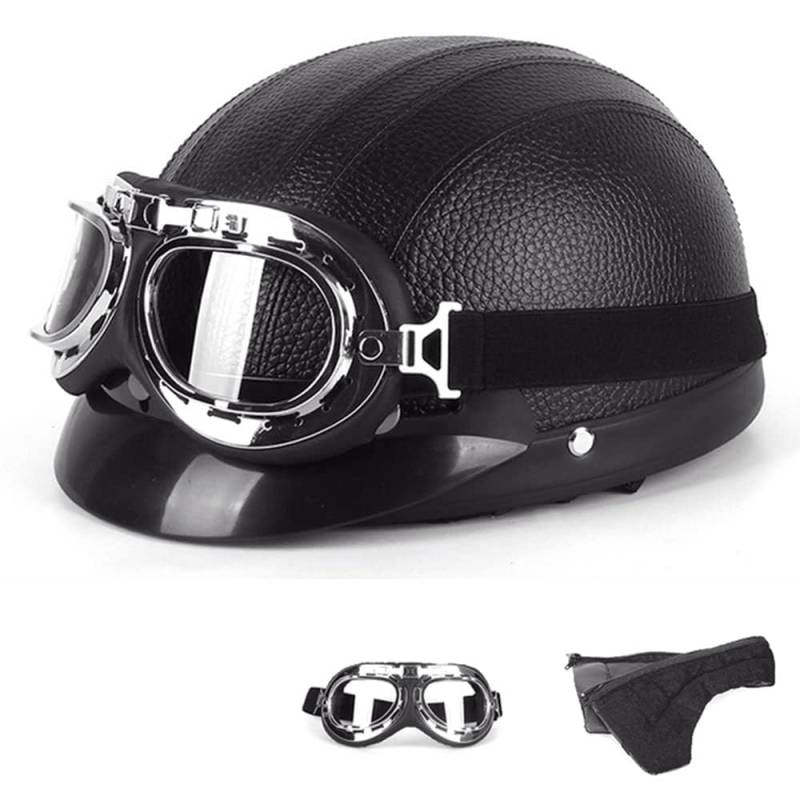 Motorradhelm Damen Herren Open Face Retro Halbschalenhelm DOT/ECE-Zertifizierter Mit Schutzbrillen Scooter Helm Jethelm Downhill Helm Mopedhelm Schutzhelm Für Cruiser Chopper,Black-54~60CM von PAESCOY