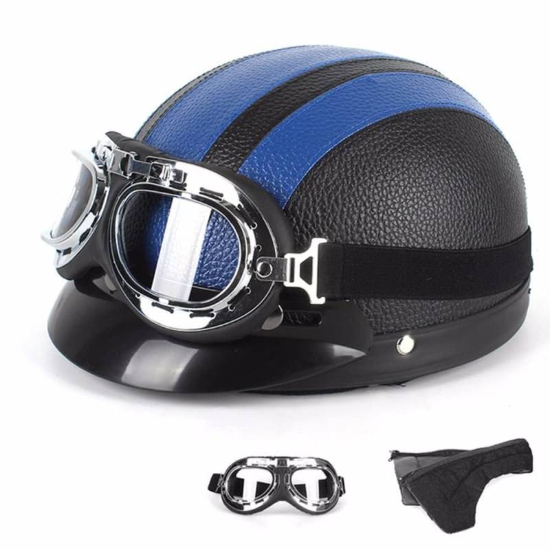 Motorradhelm Damen Herren Open Face Retro Halbschalenhelm DOT/ECE-Zertifizierter Mit Schutzbrillen Scooter Helm Jethelm Downhill Helm Mopedhelm Schutzhelm Für Cruiser Chopper,Blue-54~60CM von PAESCOY