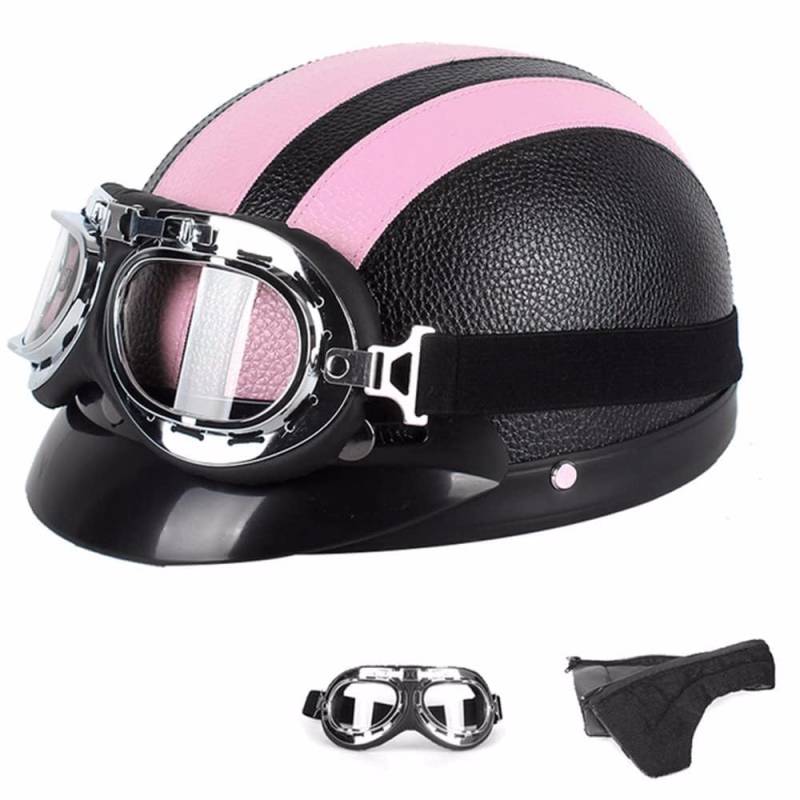 Motorradhelm Damen Herren Open Face Retro Halbschalenhelm DOT/ECE-Zertifizierter Mit Schutzbrillen Scooter Helm Jethelm Downhill Helm Mopedhelm Schutzhelm Für Cruiser Chopper,Pink-54~60CM von PAESCOY