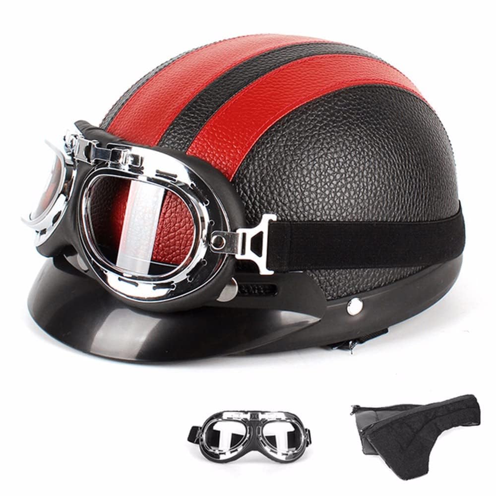 Motorradhelm Damen Herren Open Face Retro Halbschalenhelm DOT/ECE-Zertifizierter Mit Schutzbrillen Scooter Helm Jethelm Downhill Helm Mopedhelm Schutzhelm Für Cruiser Chopper,Red-54~60CM von PAESCOY