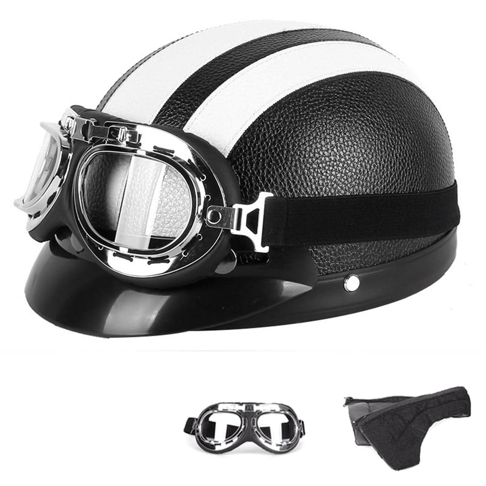 Motorradhelm Damen Herren Open Face Retro Halbschalenhelm DOT/ECE-Zertifizierter Mit Schutzbrillen Scooter Helm Jethelm Downhill Helm Mopedhelm Schutzhelm Für Cruiser Chopper,White-54~60CM von PAESCOY