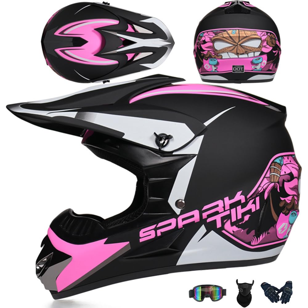 PAESCOY Jugend Motorradhelm Motocross Helm Kinder Erwachsene Cross Helms Herren ATV Motorradhelm MX Enduro Full Face MTB Helm DOT/ECE-Zertifizierter Mit Brille Maske Handschuhe Downhill Helm,Pink/C-L von PAESCOY