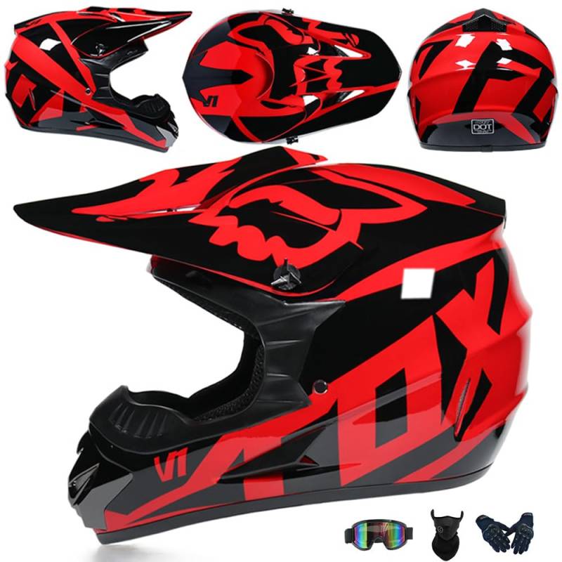 PAESCOY Jugend Motorradhelm Motocross Helm Kinder Erwachsene Cross Helms Herren ATV Motorradhelm MX Enduro Full Face MTB Helm DOT/ECE-Zertifizierter Mit Brille Maske Handschuhe Downhill Helm,Red/B-L von PAESCOY