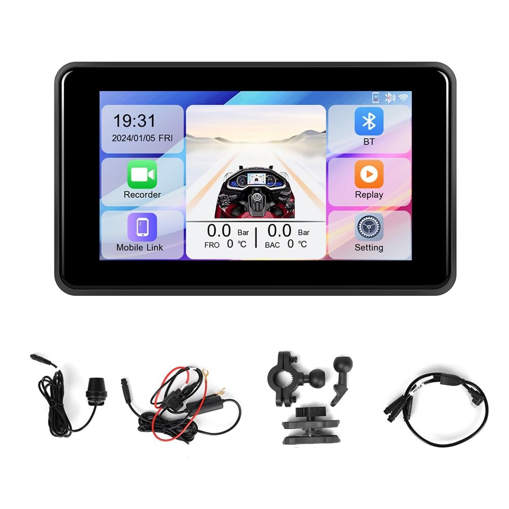 PAGJHRFJG Tragbare 5-Motorrad-DVR-Dashcam, Carplay, Android Auto, IP68, Wasserdicht, Front-/Rückkamera, Bluetooth von PAGJHRFJG