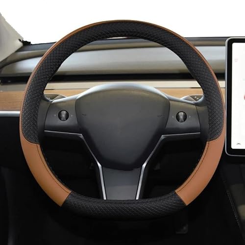 Lenkradschoner 9 Farben PU-Leder rutschfeste Auto-Lenkradabdeckung Für Tesla Für Modell 3 2016-2023 Autozubehör Lenkradhülle(Brown) von PAKAGVTTB