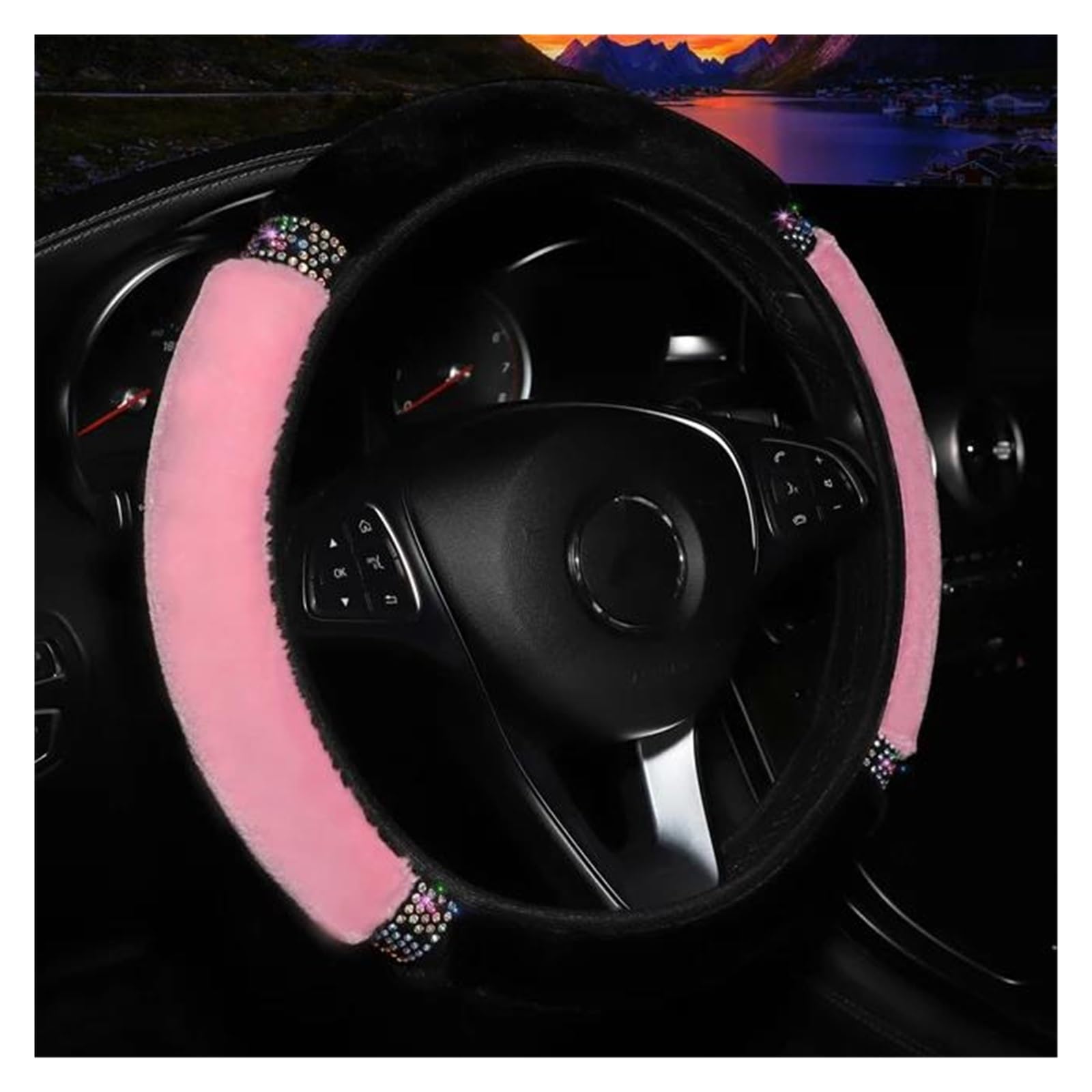 Lenkradschoner Weiche Plüsch-Strass-Auto-Lenkradabdeckung, Universell, 37–38 cm Durchmesser Innenzubehör Auto-Lenkradabdeckung Lenkradhülle(Pink) von PAKAGVTTB