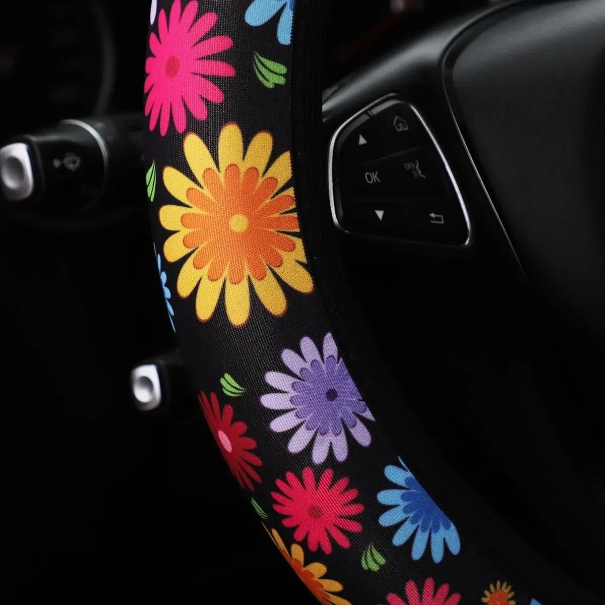 Lenkradschoner Zubehör Blume Panda Spinnennetz Stoff Für 14,5-15 Zoll rutschfeste Auto-Lenkradabdeckung Ohne Innenring Auto Lenkradhülle(Colorful Flower) von PAKAGVTTB