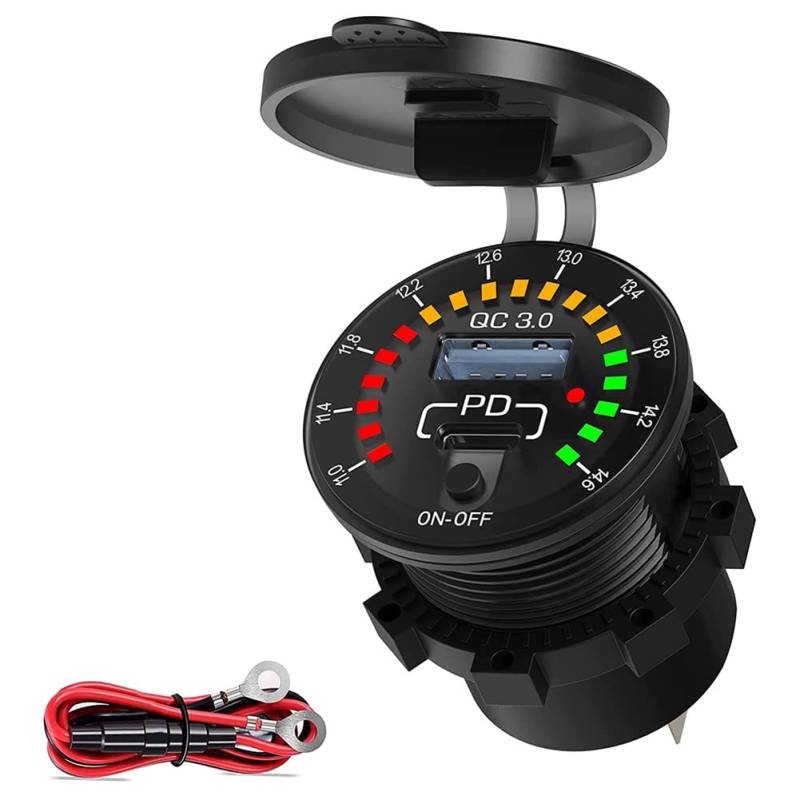 PAMENET 18 W Typ C PD Steckdose Schnellladegerät mit wasserdichtem LED Voltmeter Schaltnetzschalter für Auto Boot TruCk von PAMENET