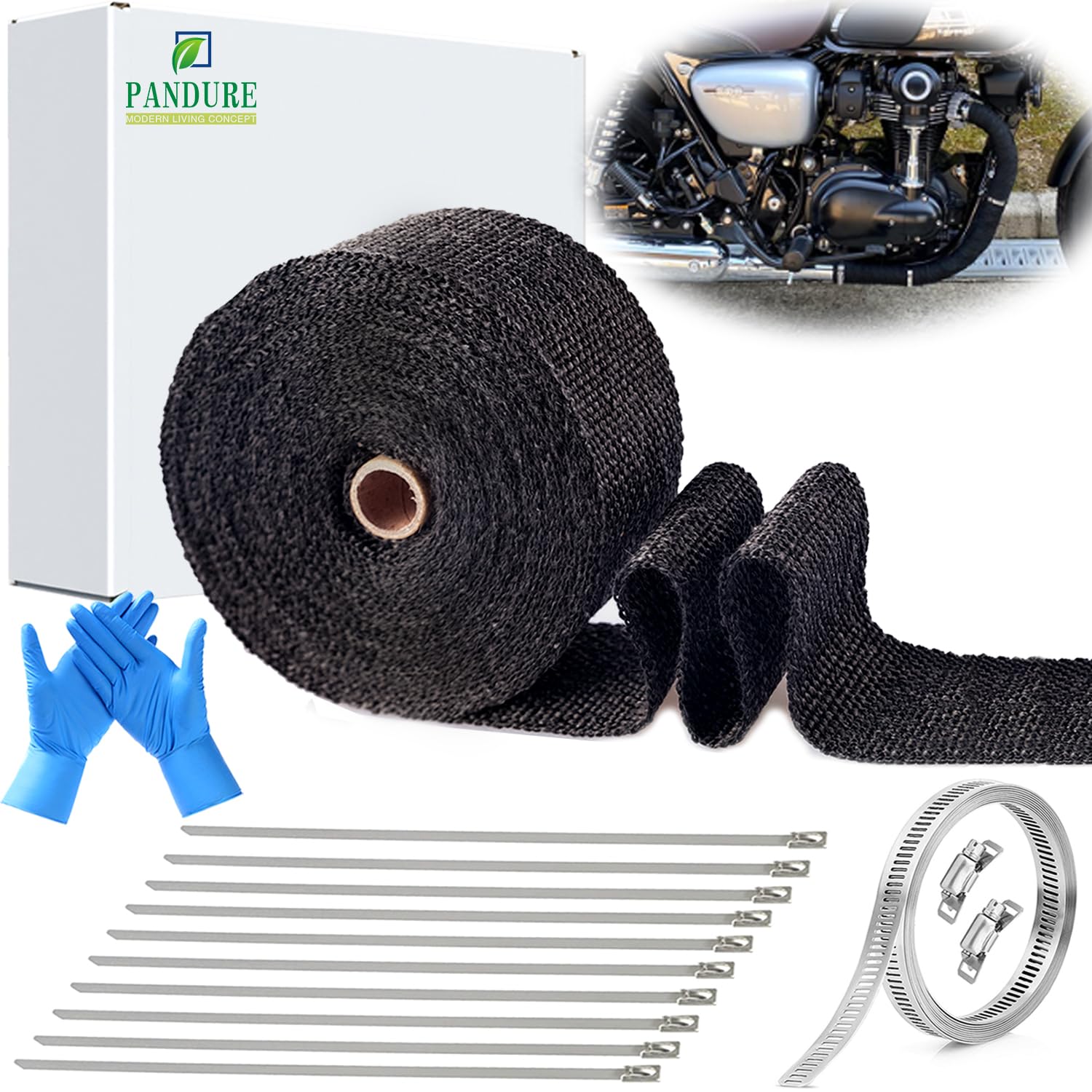 Hitzeschutzband Auspuffband für Motorrad Auto Titan Fiberglas Hitzeschild Wrap Tape mit Schlauchschellen Edelstahl Anti-Kaloriklebeband für Auspuff (Schwarz, 5CMx15M) von PANDURE MODERN LIVING CONCEPT