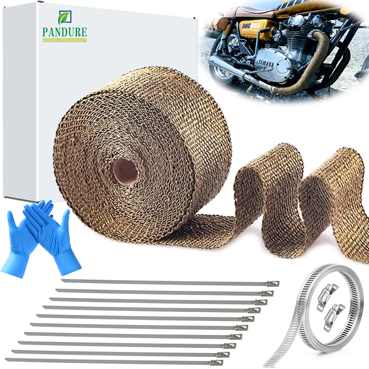 Hitzeschutzband Auspuffband für Motorrad Auto Titan Fiberglas Hitzeschild Wrap Tape mit Schlauchschellen Edelstahl Anti-Kaloriklebeband für Auspuff (Titan, 5CMx10M) von PANDURE MODERN LIVING CONCEPT