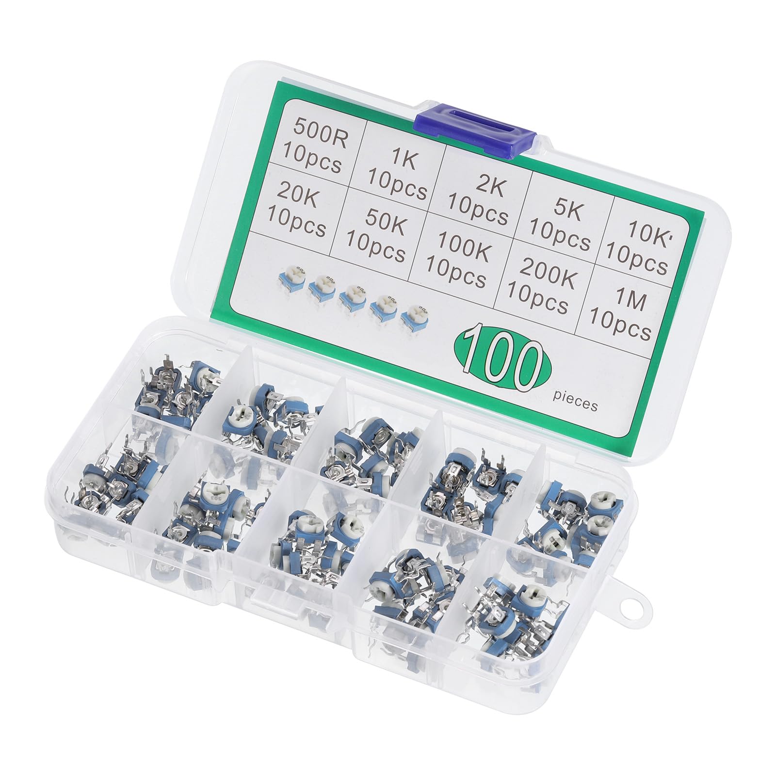 PATIKIL Variabel Widerstand Sortiert Kit 100Stk 500R bis 1M Ohm 10 Typen Trimmer Potentiometer Einstellung Sortiment Box für Elektrisch von PATIKIL