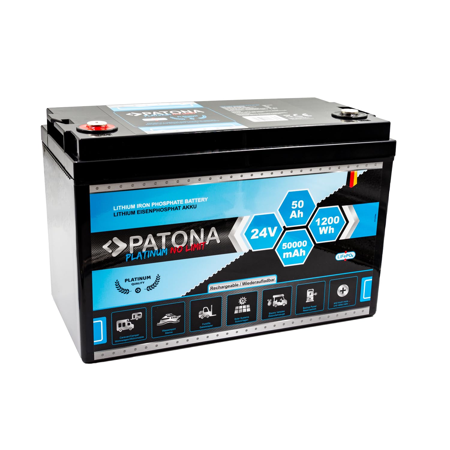 PATONA Platinum LiFePO4 Akku 24V 50Ah (1200Wh) Versorgungsbatterie Traktionsbatterie mit Batterie Management System (BMS) von PATONA