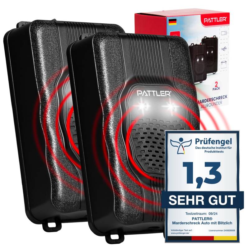 PATTLER® Marderschreck Auto mit Blitzlicht - Flexible Stromversorgung - 12V Autobatterie, AA-Batterie oder USB - Effektiver Marderschutz für Auto, Garten, Dachboden - 2 Stück von PATTLER