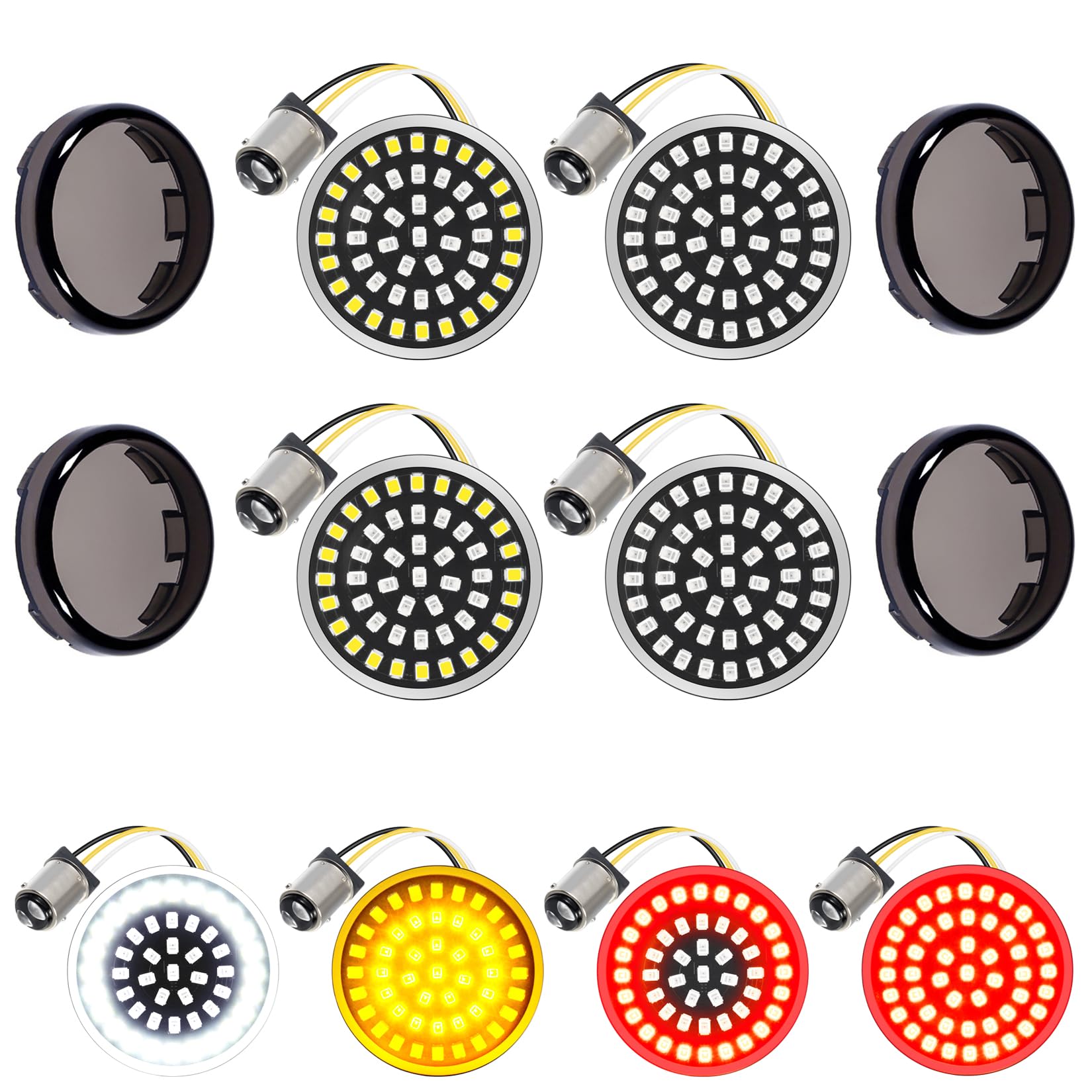 PBYMT 1157 Blinker-Set, vorne und hinten, LED, SMD, 5,1 cm, Bullet-Rauch-Objektivabdeckung, kompatibel für Harley Dyna Softail Touring Street Glide Road King 1986–2020 von PBYMT