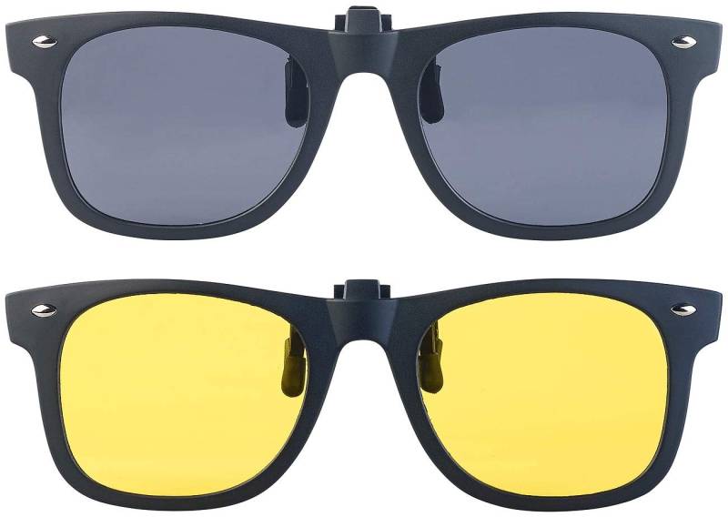 PEARL Sonnenclip Brille: 2er-Set Nachtsicht- und Sonnenbrillen-Clips, polarisiert, UV400 (Brillenaufsatz Sonnenbrille, Sonnenschutz Brillenaufsatz, Polarisierte) von PEARL