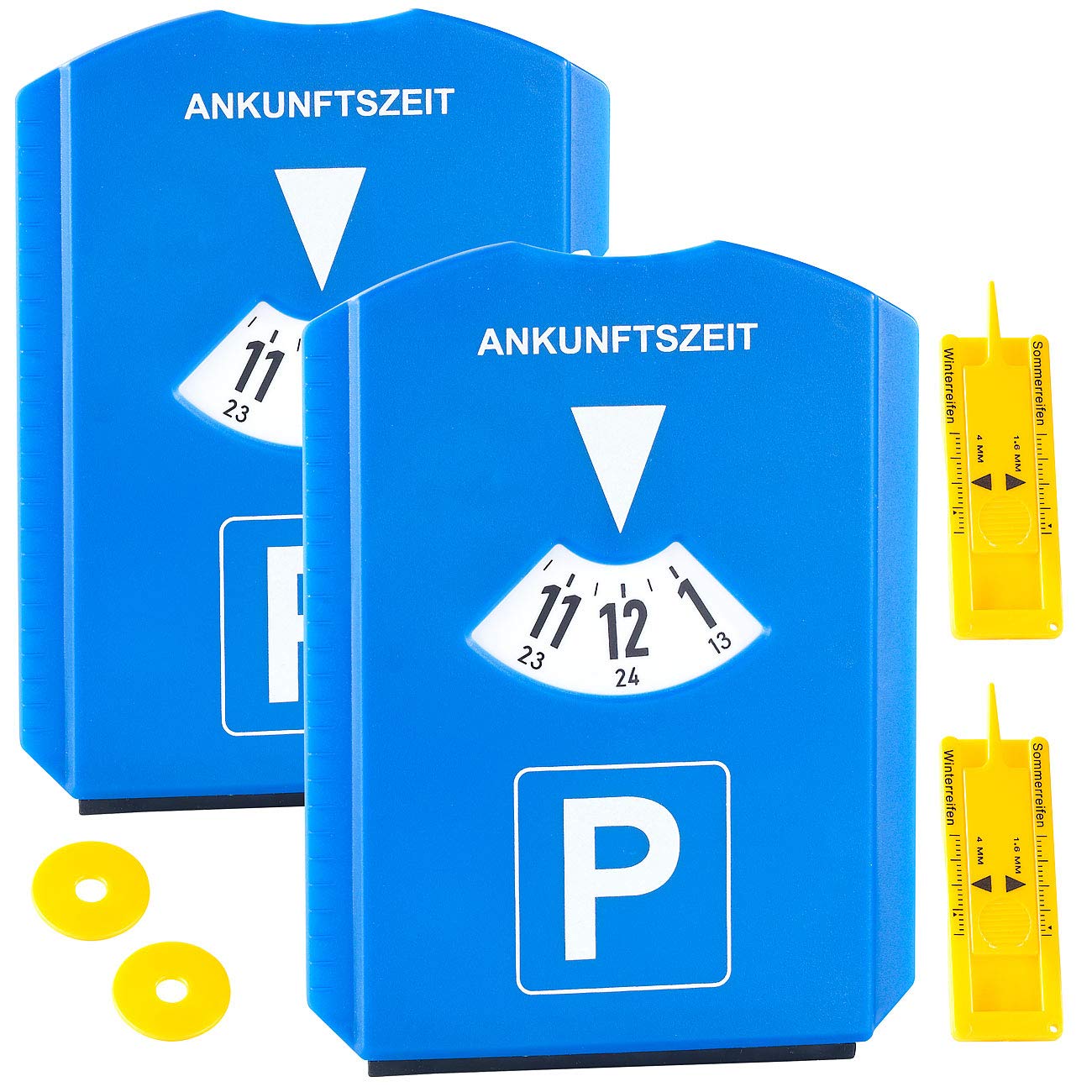 PEARL Einkaufschip: 2er-Set Parkscheibe mit Eiskratzer, Einkaufs-Chip und Profilmesser (Profiltiefenmesser, Parkscheibe mit Einkaufschip, Profiltiefe) von PEARL