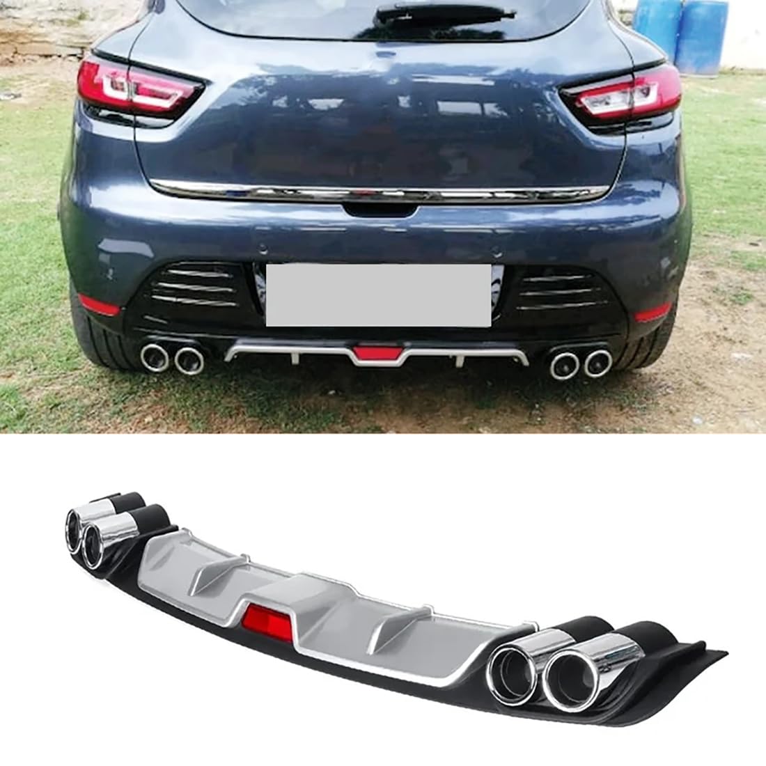 Silber/Schwarz Auto Hinten Stoßstange Diffusor Spoiler Lippe für Renault Clio 4 2012-2019, Body Kit Spoiler, ABS Kunststoff Material,Silver-Silver von PEJLHK