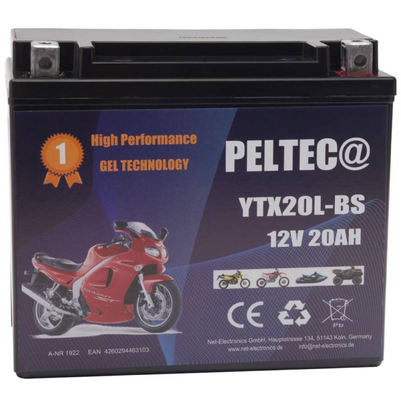 Peltec Premium Motorrad Batterie GEL Akku 12V 20Ah YTX20L-BS 51821 GTX20L-BS CTX20L-BS Scooter Elektroroller Quad Jetski von PELTEC@