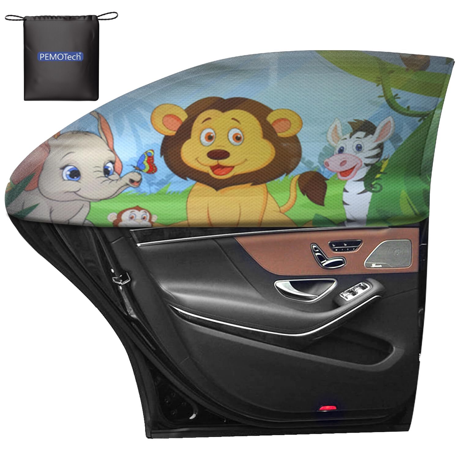 PEMOTech Sonnenschutz Auto Baby, 2 Pack UV-Schutz Sonnenschutz Auto Kinder Cartoon Animal Design, Universal dehnbar Sonnenschirme, Privatsphäre schützen für Kinder, Familie, Haustiere von PEMOTech