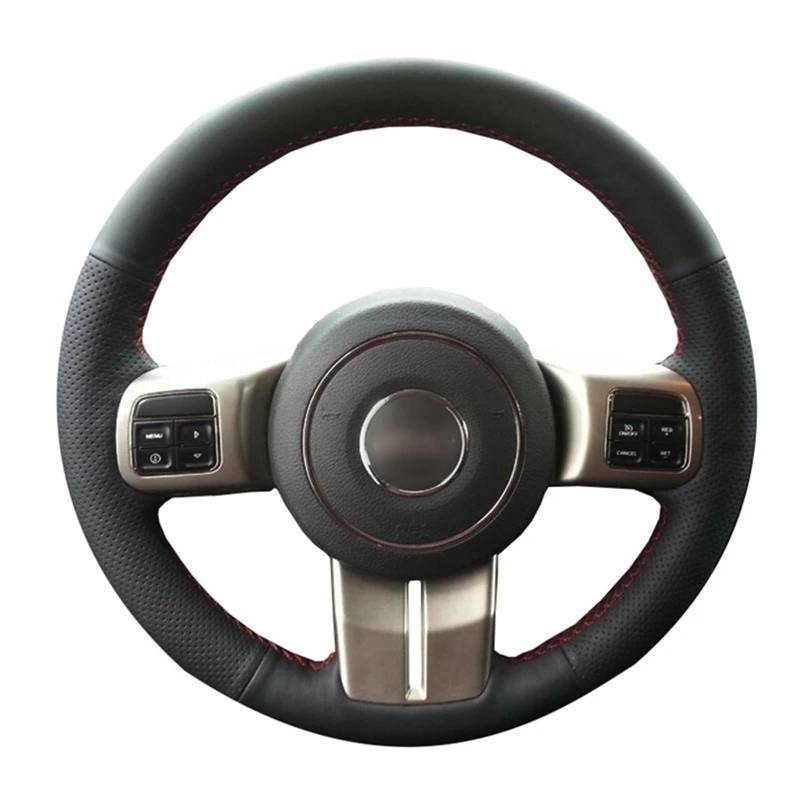 PENGNAQP Kompatibel mit Jeep für Wrangler für Patriot 2012 2013 2014, schwarzes Leder, atmungsaktiv, handgenäht, Auto-Lenkradbezug Interieur-Zubehör(Red Thread) von PENGNAQP