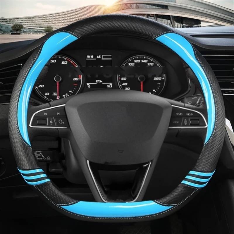 PENGNAQP Kompatibel mit Seat für Leon 5F Mk3 2013–2022 für Ibiza 6J 2022 Kohlefaser-PU-Auto-Lenkradabdeckung 38 cm O/D-Form Interieur-Zubehör(Blue D Shape) von PENGNAQP