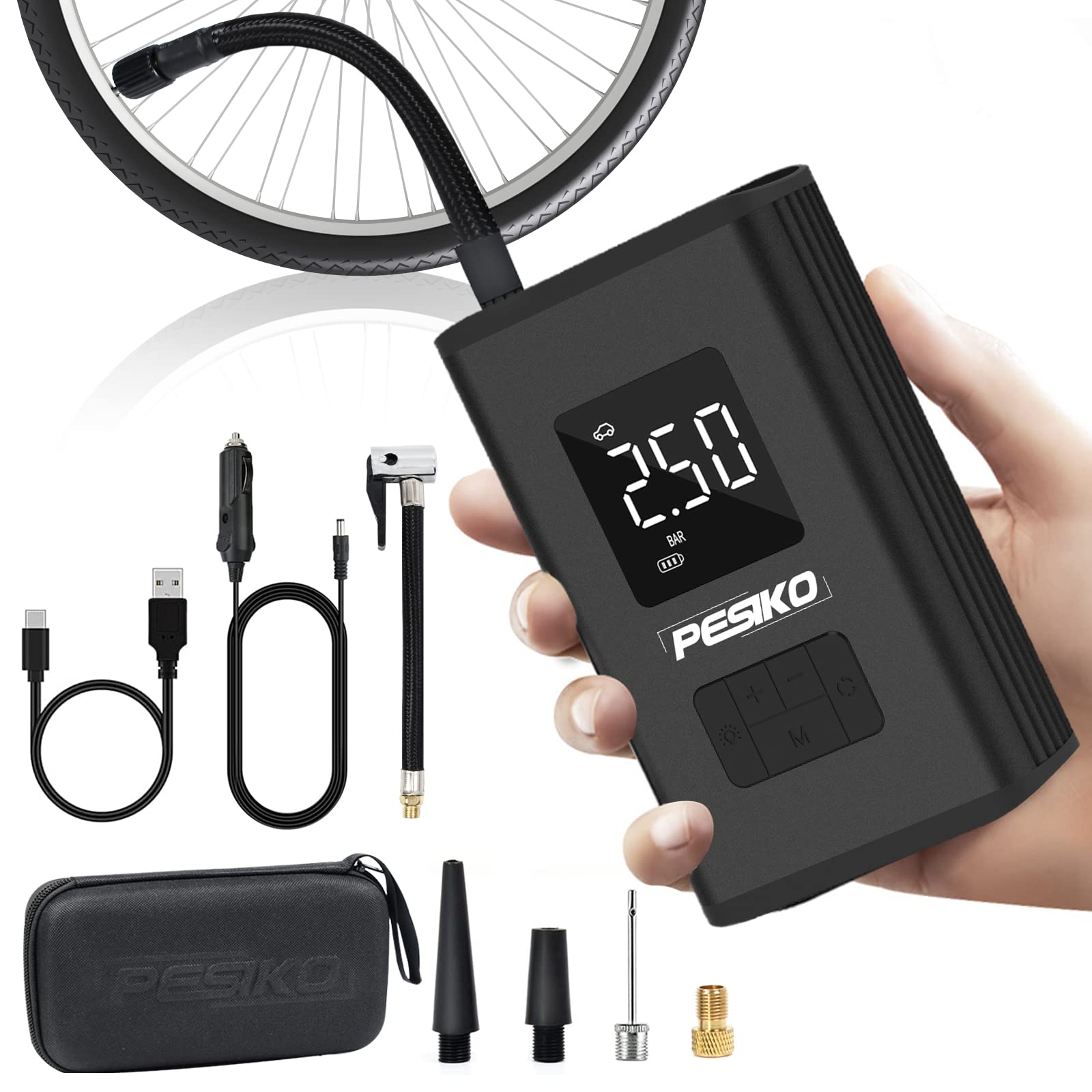 PESIKO Fahrradpumpe Elektrisch, 6000mAh Tragbar Elektrische Luftpumpe mit digitalem LCD-Display LED-Licht, Wiederaufladbarer Mini Akku Luftpumpe als Powerbank, für Auto Fahrrad Motorrad Bälle von PESIKO