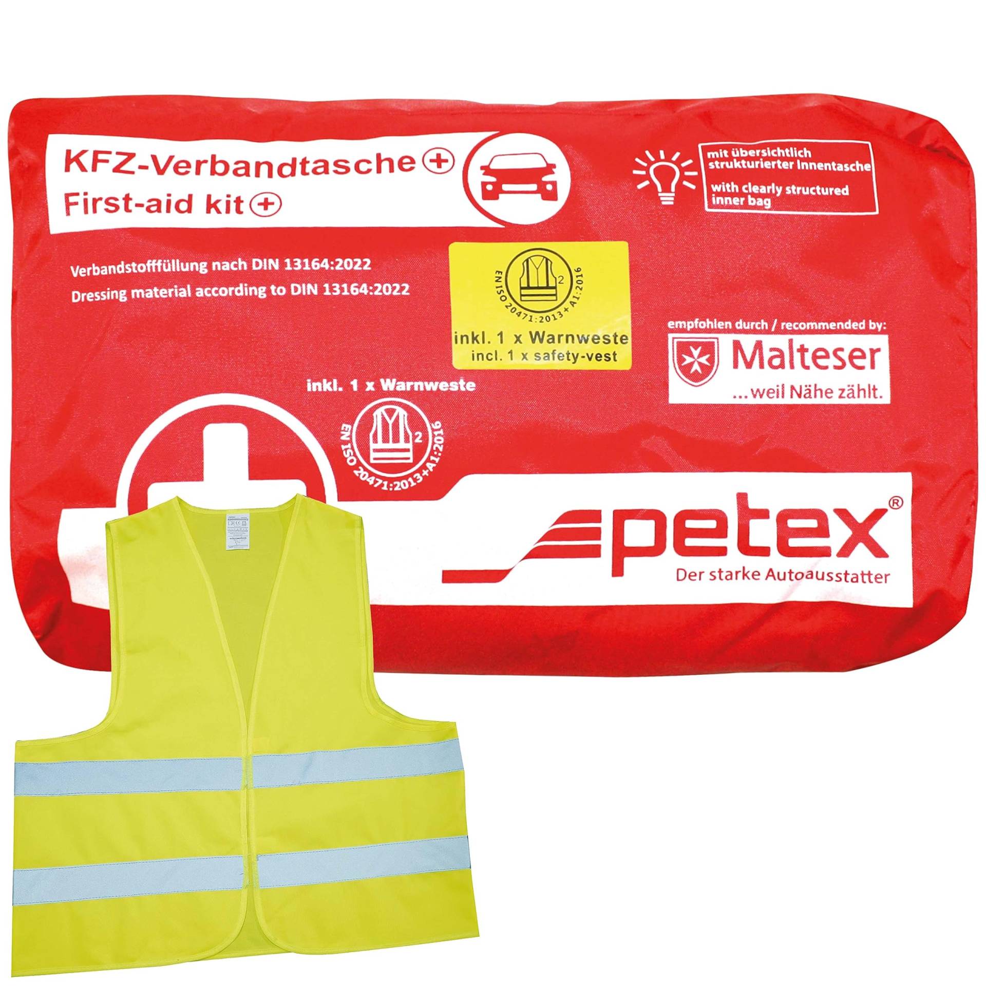 PETEX 2 in 1 Verbandtasche Plus, Inhalt nach DIN13164:2022 in Rot, Erste-Hilfe, First-Aid-Kit von PETEX