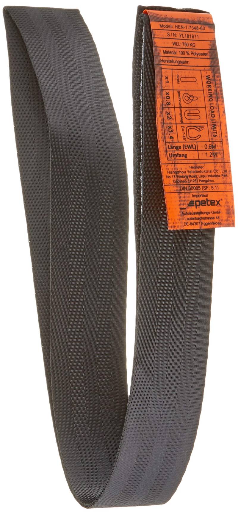 PETEX 47101004 Einweg-Hebeband WLL 750 kg, Länge 0.6 m, Umfang 1.2 m, Breite 48 mm, Schwarz von PETEX