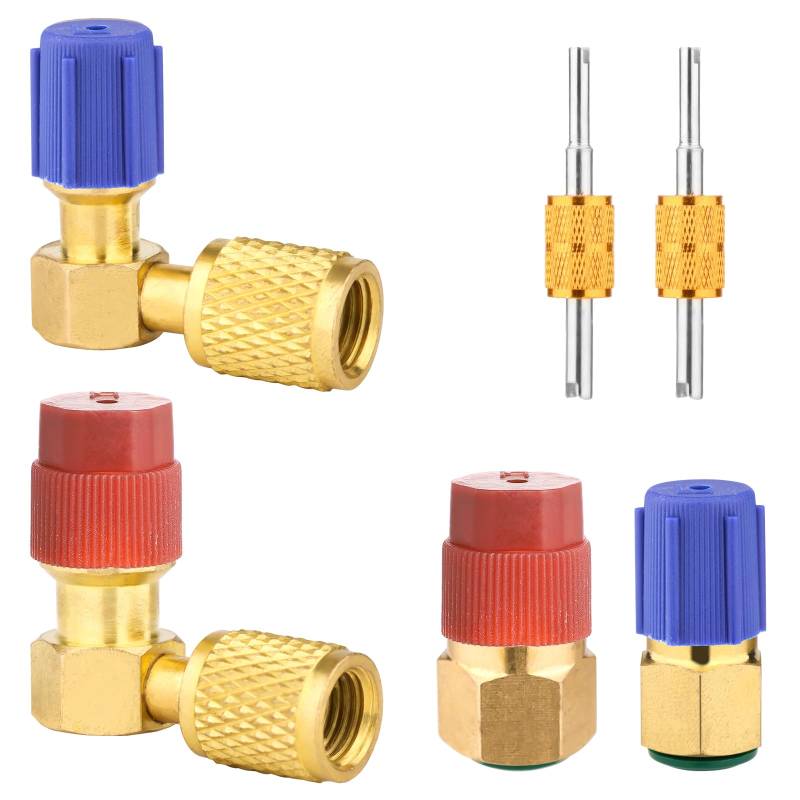 R12 auf R134a Umrüstsätze, Hoch-/Niederdruck R12 auf R134a AC Nachrüst-Adaptersätze R12 auf R134a Adapter mit Ventileinsatzschlüssel für Auto-Klimaanlagen-Kältemittelsystem (Gerader Adapter in Gold) von PEUTIER