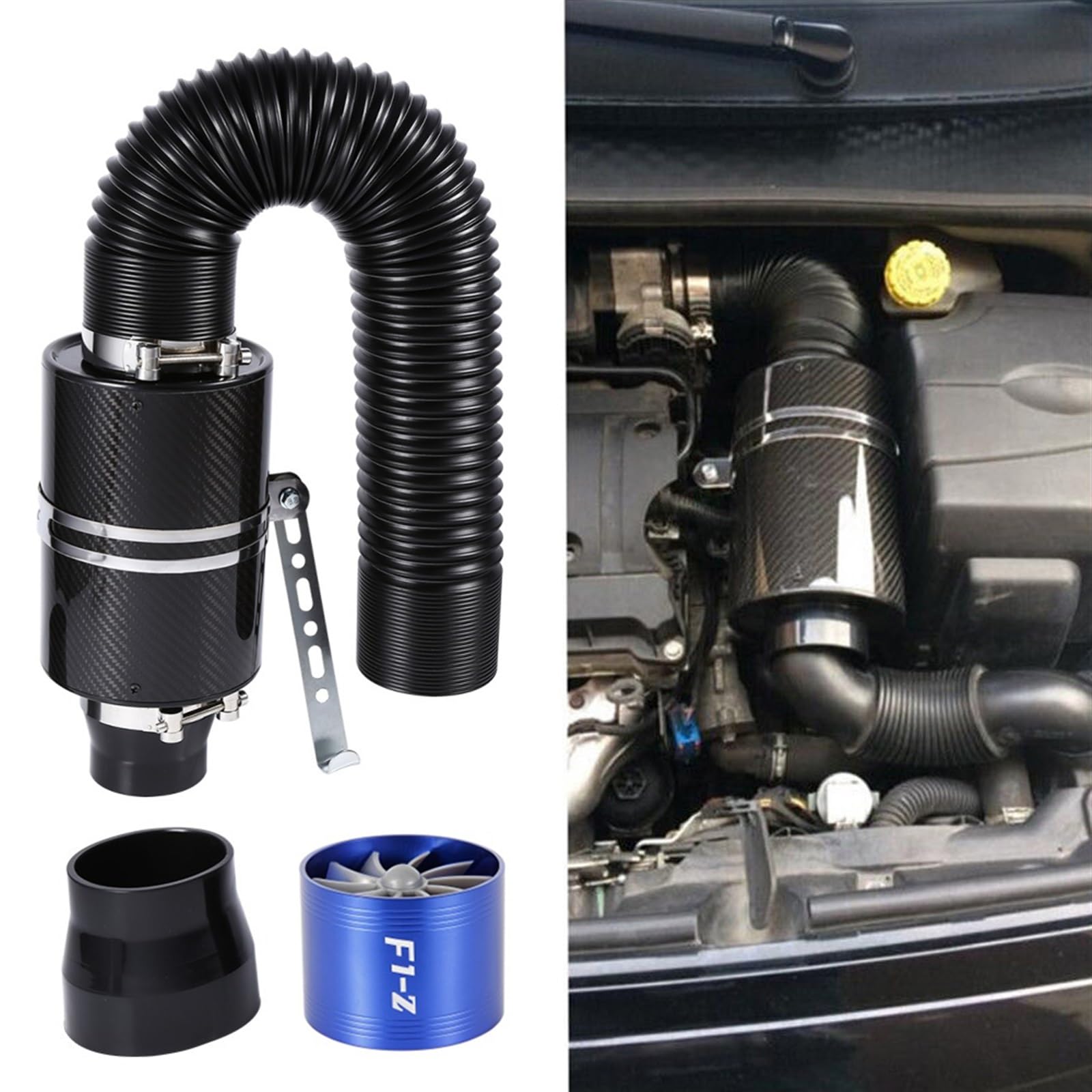 Intake Hose, Air Filter 1 Set Universal 3 Zoll Carbon Fiber Kaltluftfilter Auto Feed Geschlossener Einlass Induktionsrohr Schlauch Kit Universal Ansaugschlauch, Luftfilter(WIth turbofan) von PGAEVG