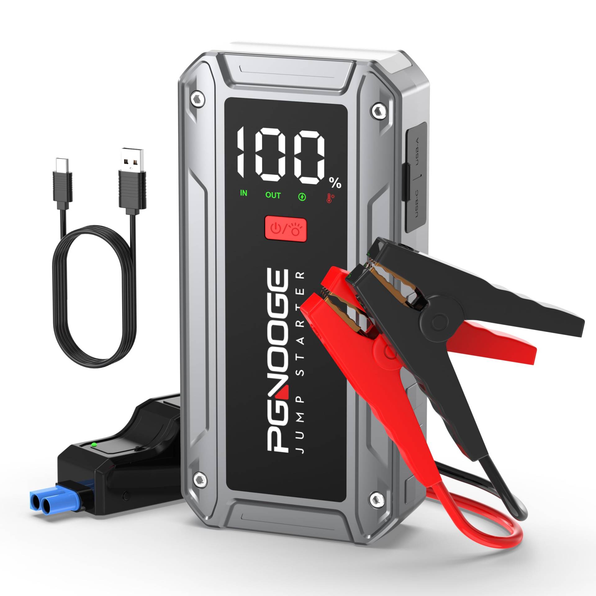 PGNOOGE 4000A Starthilfe Powerbank (Bis zu 8,5 L Benzin/7,0 L Diesel), 12V Auto Starthilfe Powerbank with Force-Start-Taste und USB-Ausgang, Großes LCD-Display, 600 Lumen Licht von PGNOOGE