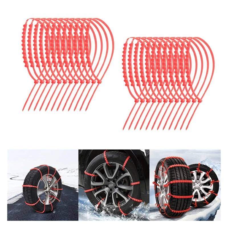 Notfall-Traktions-Schneereifenketten, rutschfester Nylon-Kabelbinder for sicheres Fahren im Winter, Auto, LKW, SUV, Rasenmäher(Red24pcs) von PGVXEM