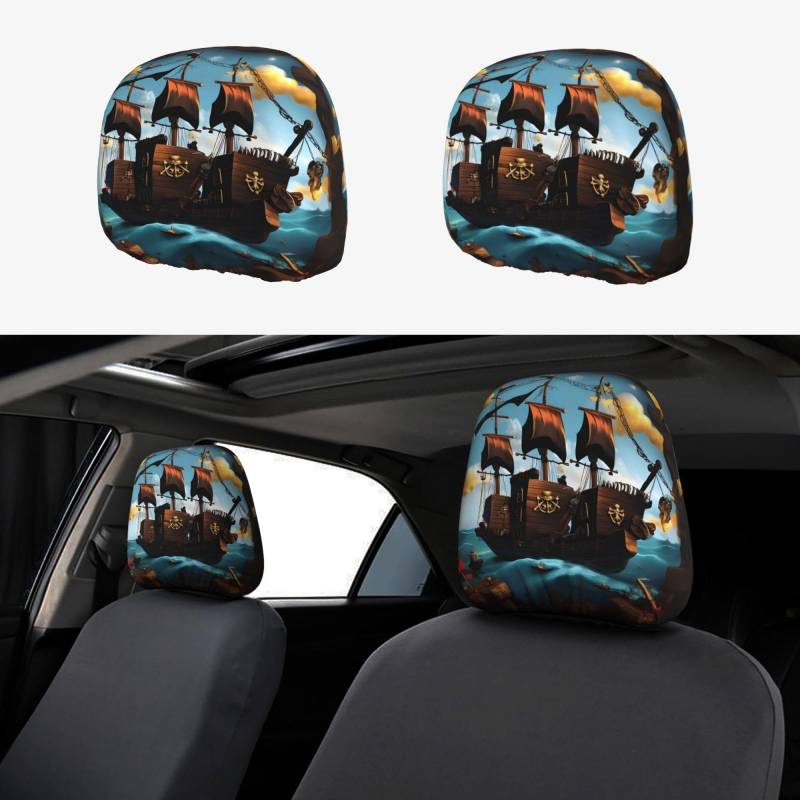 Autositz-Kopfstützenbezug, Motiv: Cartoon-Piratenschiff, universelles Autositz-Zubehör, 2-teiliges Set, passend für Limousine, SUV, LKW von PHAYAH