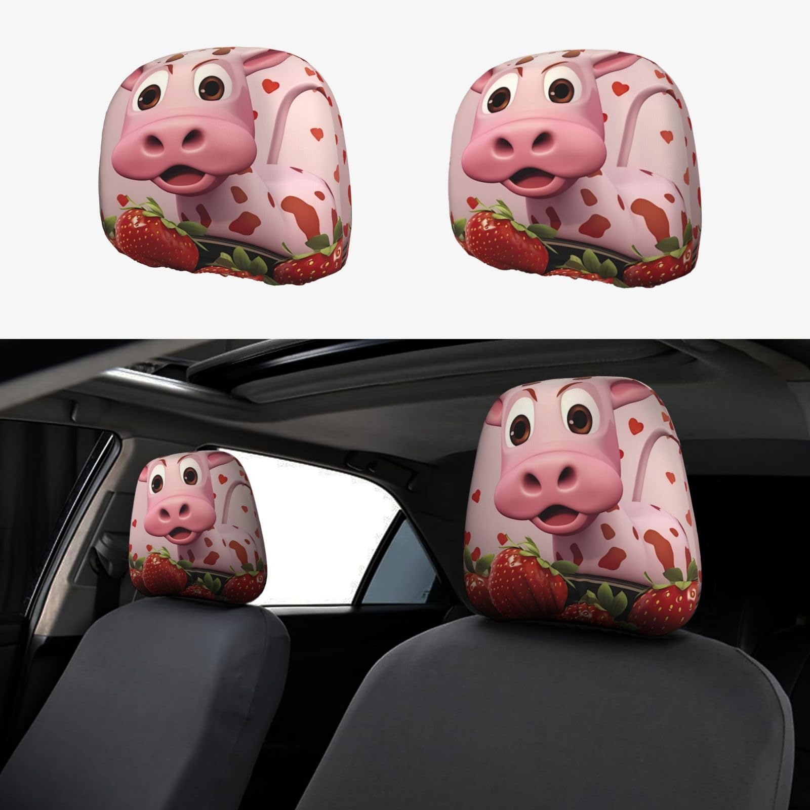 PHAYAH Autositz-Kopfstützen-Bezug, Motiv: rosa Kuh mit Erdbeeren, universelles Autositz-Zubehör, 2-teiliges Set, passend für Limousine, SUV, LKW von PHAYAH