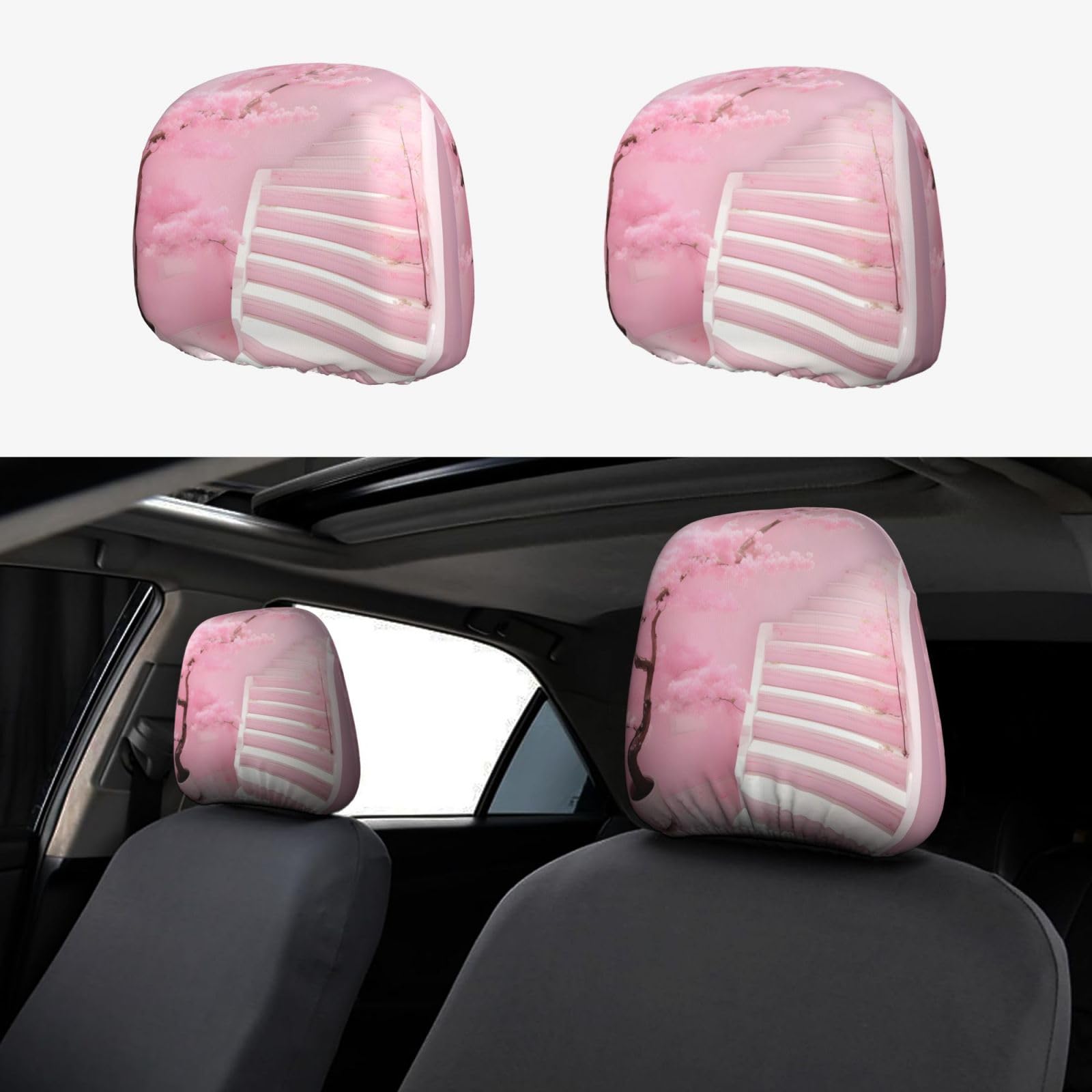 PHAYAH Autositz-Kopfstützen-Schonbezug mit Kirschblüten-Muster, universelles Autositz-Zubehör, 2-teiliges Set, passend für Limousine, SUV, LKW von PHAYAH