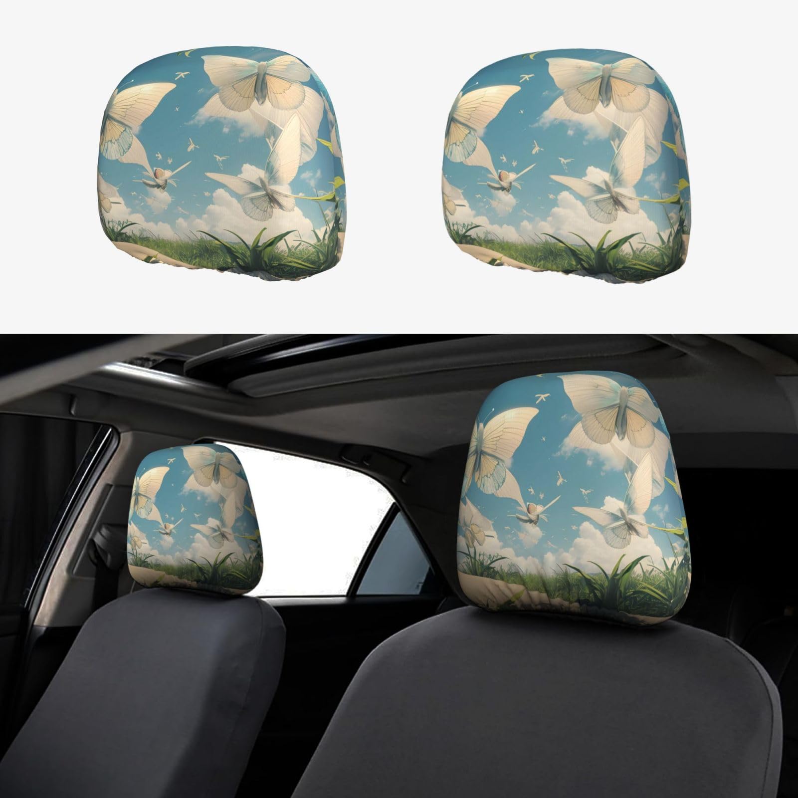 PHAYAH Autositz-Kopfstützenbezug, Motiv: flatternde Schmetterlinge, universelles Autositz-Zubehör, 2-teiliges Set, passend für Limousine, SUV, LKW von PHAYAH