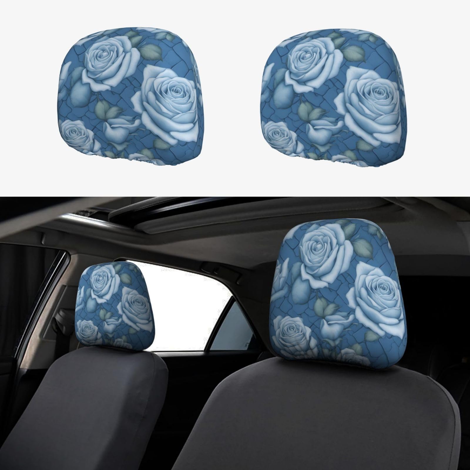 PHAYAH Autositz-Kopfstützenbezug, Motiv: schöne Rosen auf blauem Hintergrund, universelles Autositz-Zubehör, 2-teiliges Set, passend für Limousine, SUV, LKW von PHAYAH