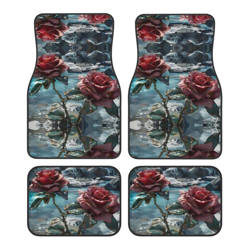 Phayah Blooming Red Roses Print Auto Fußmatten 4 Stück Auto Interior Teppiche Teppich Universal Fahrzeug Bodenschutz Teppiche Autozubehör von PHAYAH