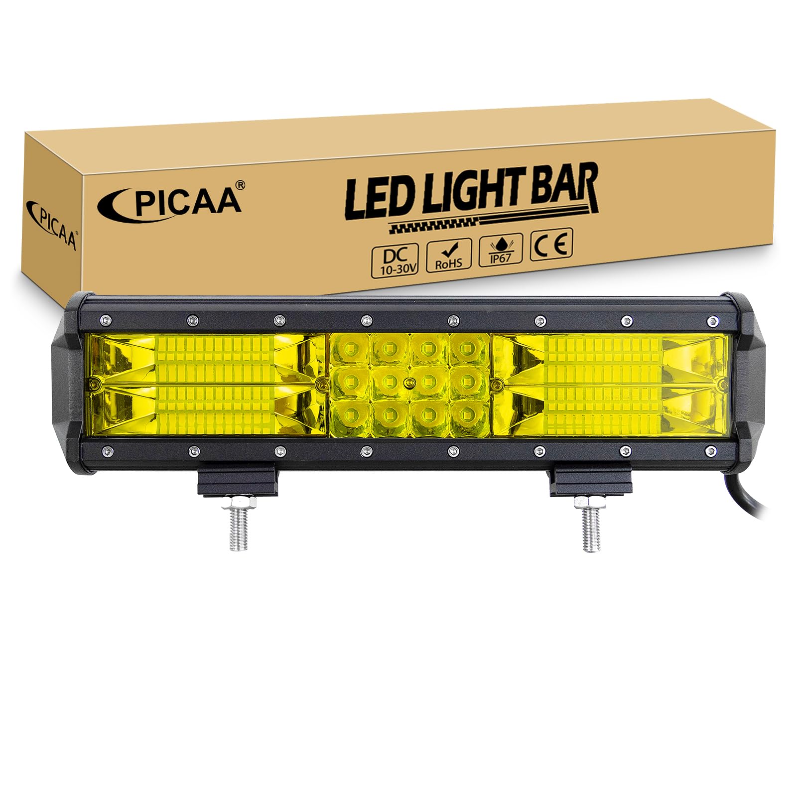 PICAA 12 Zoll 180W Gelb LED Lightbar, Tri-Reihen LED Arbeitsscheinwerfer Lichtbalken 12V 24V Lichtleiste Auto Offroad 4x4 Zusatzscheinwerfer Flutlicht Spotlight von PICAA