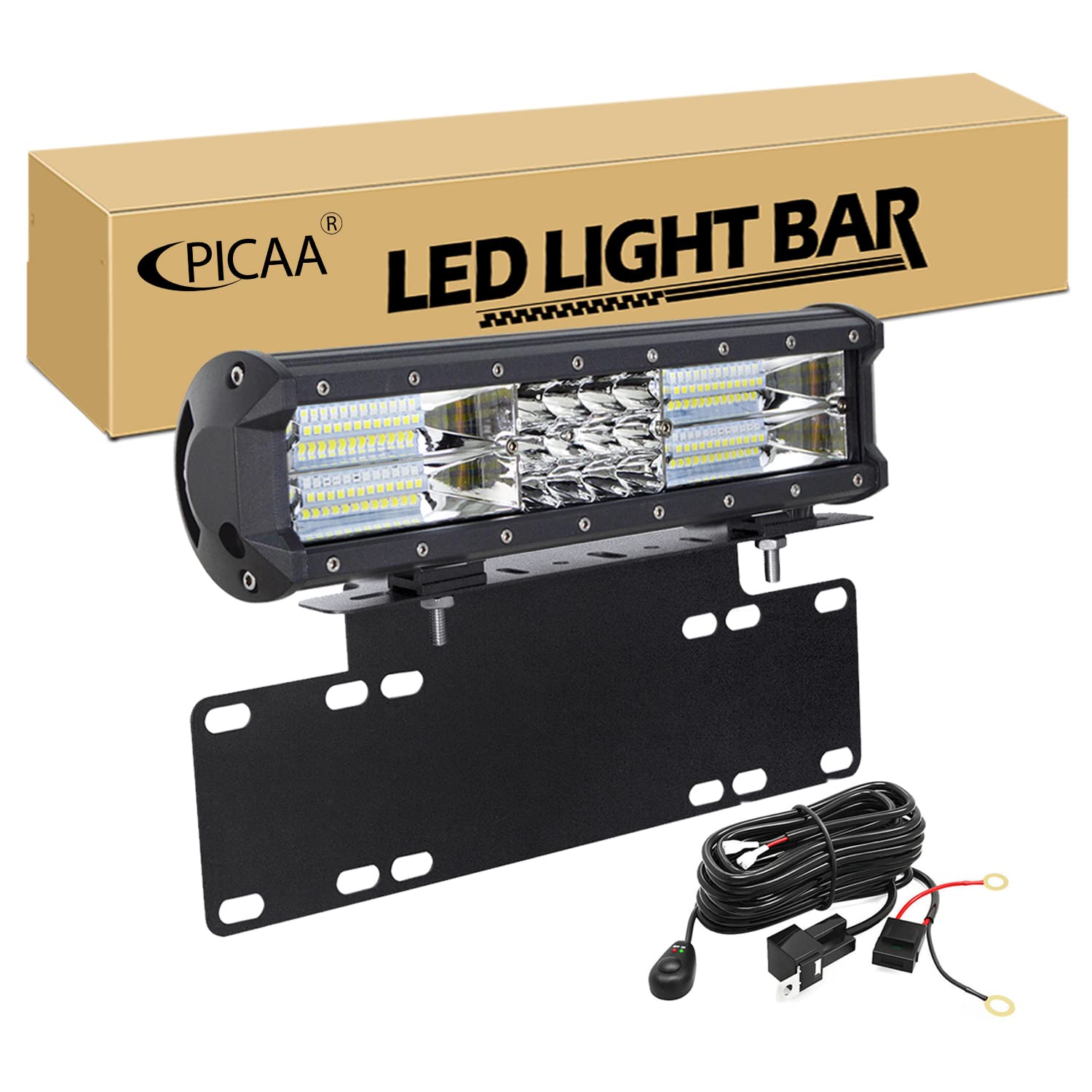 PICAA 12 Zoll 180W LED Lightbar mit Kennzeichenhalterung 12V Kabelbaum Kit, 3 Rows LED-Lichtleiste Arbeitsscheinwerfer Spot Flood für Auto Offroad 4x4 LKW Traktor, 6000K Weiß Wasserdicht von PICAA