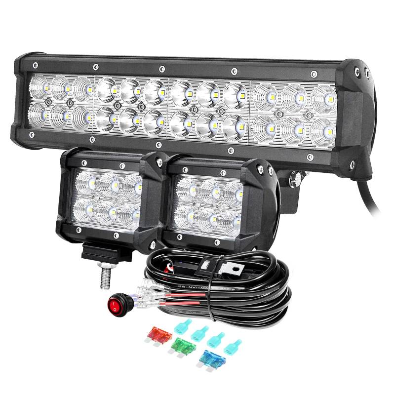 PICAA 12 Zoll 72W LED Lightbar+2x 4 18W LED Arbeitsscheinwerfer+Kabelbaum Kit, Tri-Reihen Led Lichtbalken 12V 24V Auto Offroad 4x4 Zusatzscheinwerfer Flutlicht Spotlight von PICAA