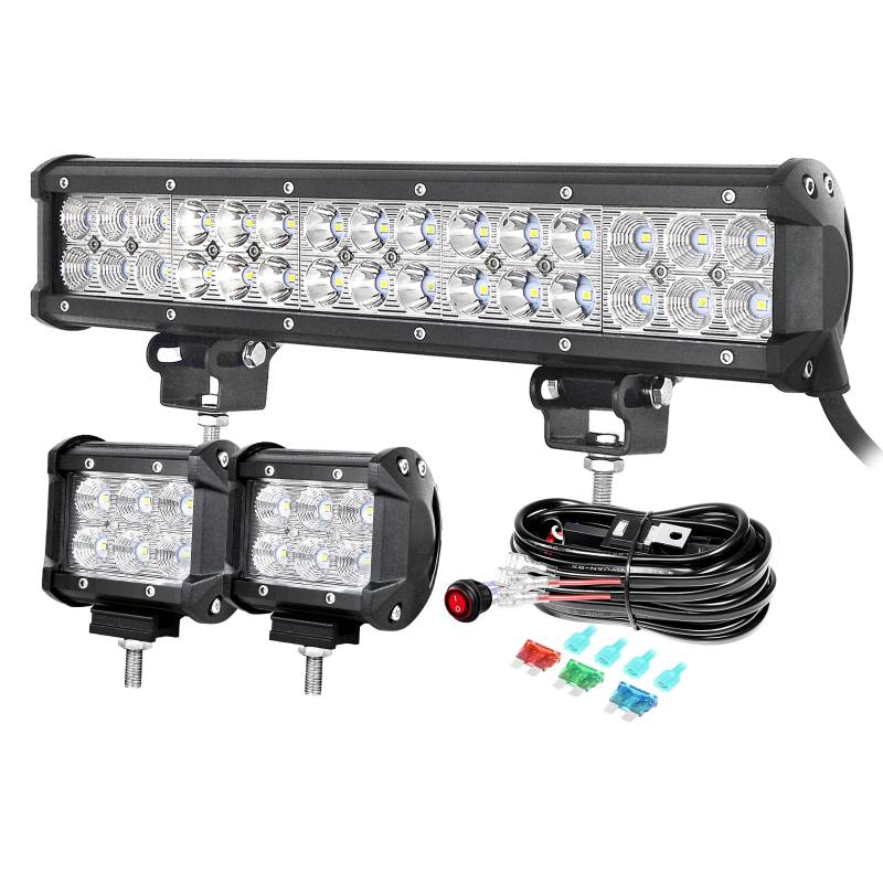 PICAA 14 Zoll 90W LED Lightbar+2x 4 18W LED Arbeitsscheinwerfer+Kabelbaum Kit, Tri-Reihen Led Lichtbalken 12V 24V Auto Offroad 4x4 Zusatzscheinwerfer Flutlicht Spotlight von PICAA