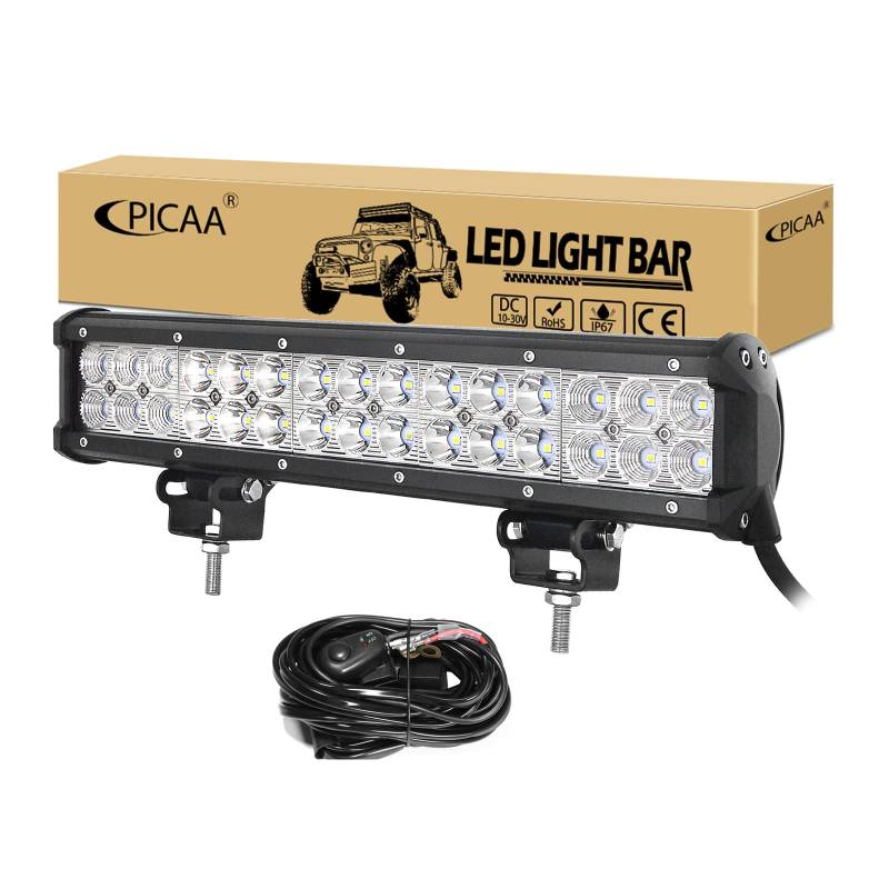 PICAA 15 Zoll 90W LED Lightbar Auto 12V Mit Kabelbaum Led Lichtbalken Arbeitsscheinwerfer Bar 6000K Weiß Wasserdicht für Offroad LKW 4WD 4x4 SUV KFZ UTE ATV von PICAA