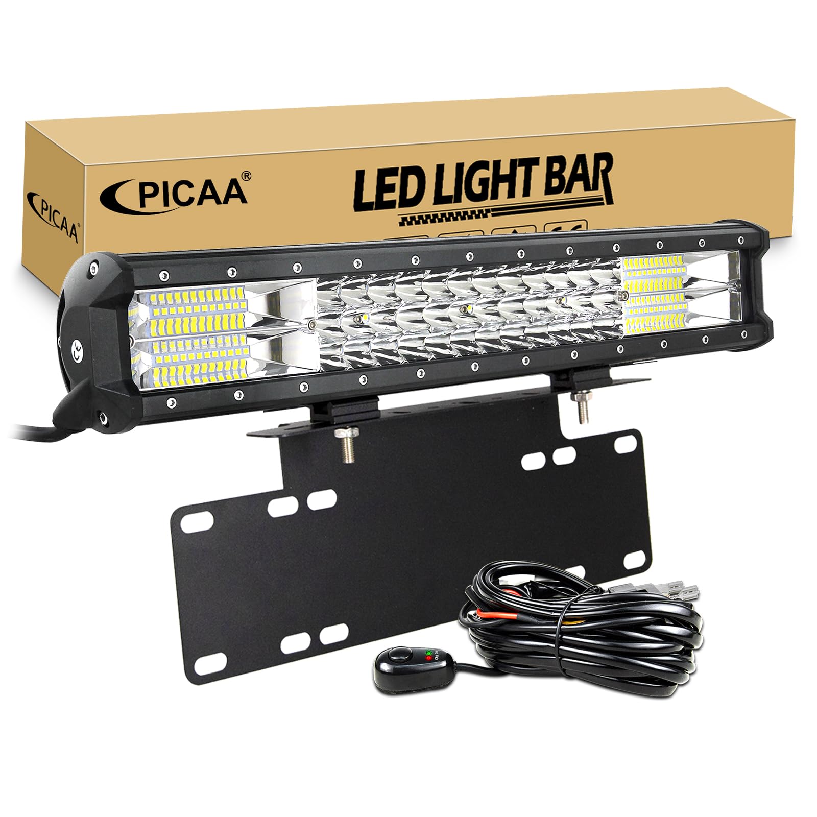 PICAA 18 Zoll 252W LED Lightbar mit Kennzeichenhalterung 12V Kabelbaum Kit, 3 Rows LED-Lichtleiste Arbeitsscheinwerfer Spot Flood für Auto Offroad 4x4 LKW Traktor, 6000K Weiß Wasserdicht von PICAA