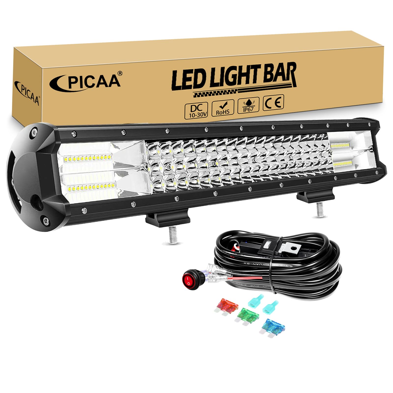 PICAA LED Arbeitsscheinwerfer 20 Zoll 288W Tri-Reihen LED Lightbar Lichtbalken 12V mit Kabelbaum Kit Auto Offroad 4x4 LKW Led Zusatzscheinwerfer von PICAA