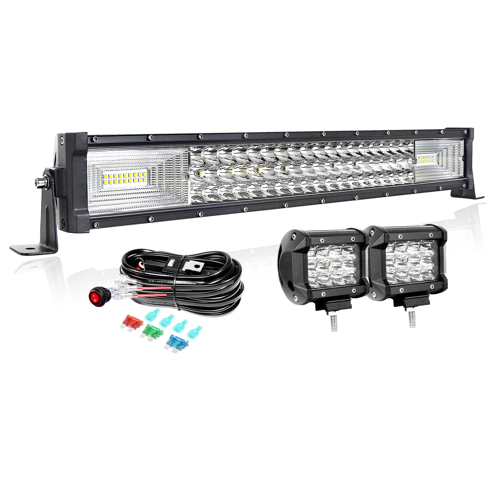 PICAA 22 Zoll 270W LED Lightbar+2x 4" 36W Arbeitsscheinwerfer+Kabelbaum Kit, Tri-Reihen Led Lichtbalken 12V 24V Auto Offroad 4x4 Zusatzscheinwerfer Flutlicht Spotlight von PICAA